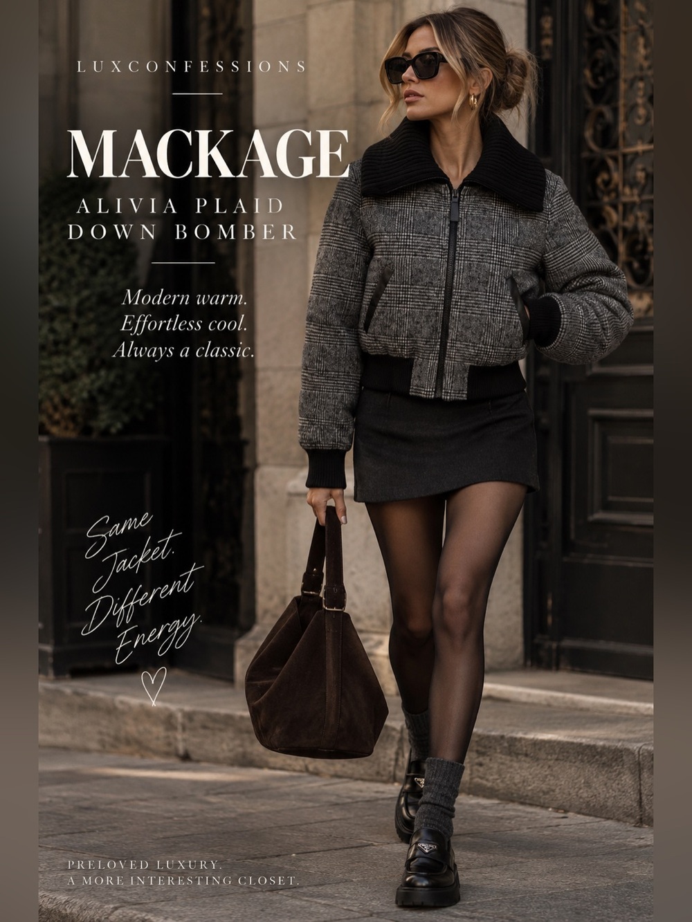 Mackage Alivia Plaid Wool Down Puffer Bomber Jacket Leather Trim M